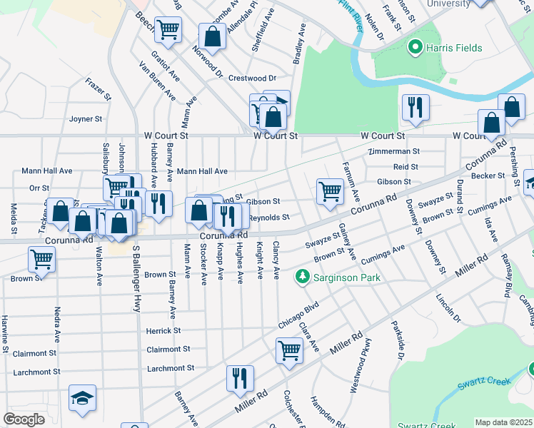 map of restaurants, bars, coffee shops, grocery stores, and more near 2822 Reynolds Street in Flint
