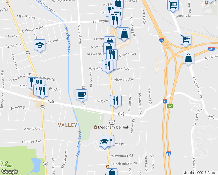 map of restaurants, bars, coffee shops, grocery stores, and more near 4510 South Salina Street in Syracuse
