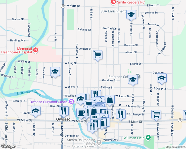 map of restaurants, bars, coffee shops, grocery stores, and more near 622 North Ball Street in Owosso