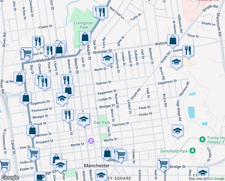 map of restaurants, bars, coffee shops, grocery stores, and more near 226 Sagamore Street in Manchester