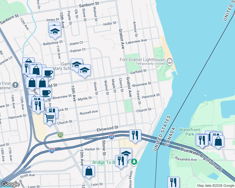 map of restaurants, bars, coffee shops, grocery stores, and more near 2616 Maple Street in Port Huron