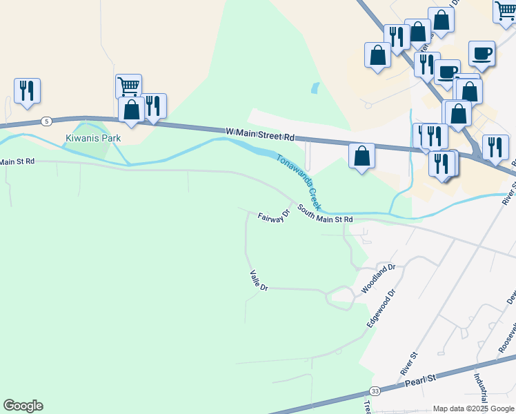 map of restaurants, bars, coffee shops, grocery stores, and more near 15 Fairway Drive in Batavia