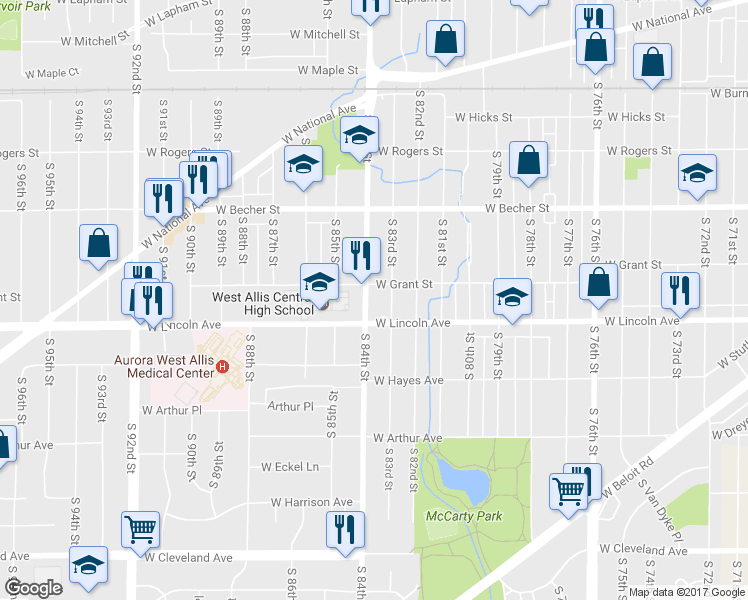 map of restaurants, bars, coffee shops, grocery stores, and more near 2218 South 84th Street in West Allis