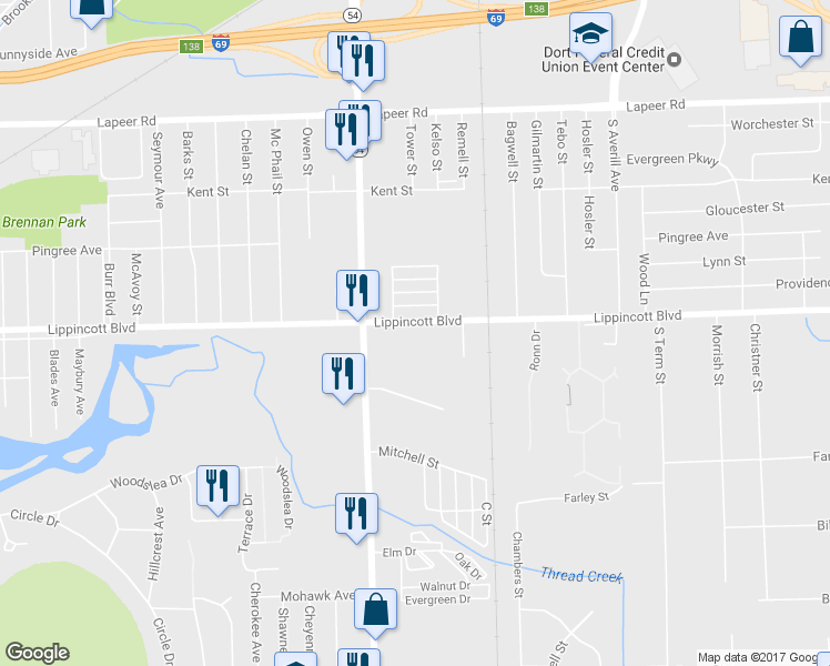 map of restaurants, bars, coffee shops, grocery stores, and more near 2432 Lippincott Boulevard in Flint