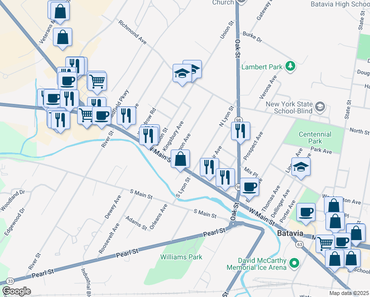 map of restaurants, bars, coffee shops, grocery stores, and more near 12 Vernon Avenue in Batavia
