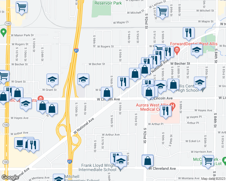 map of restaurants, bars, coffee shops, grocery stores, and more near 2200 South 96th Street in West Allis