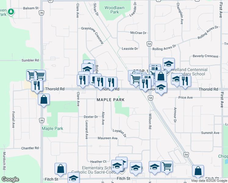map of restaurants, bars, coffee shops, grocery stores, and more near 389 Thorold Road in Welland