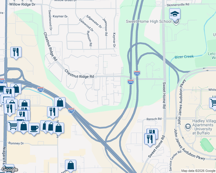 map of restaurants, bars, coffee shops, grocery stores, and more near 4621 Chestnut Ridge Road in Buffalo