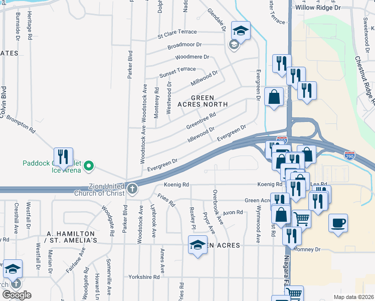 map of restaurants, bars, coffee shops, grocery stores, and more near 114 Evergreen Dr in Tonawanda