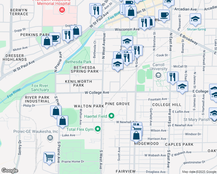 map of restaurants, bars, coffee shops, grocery stores, and more near 114 Central Avenue in Waukesha