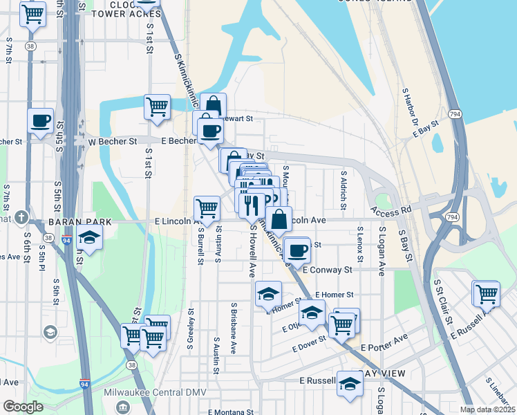 map of restaurants, bars, coffee shops, grocery stores, and more near 2262 South Kinnickinnic Avenue in Milwaukee