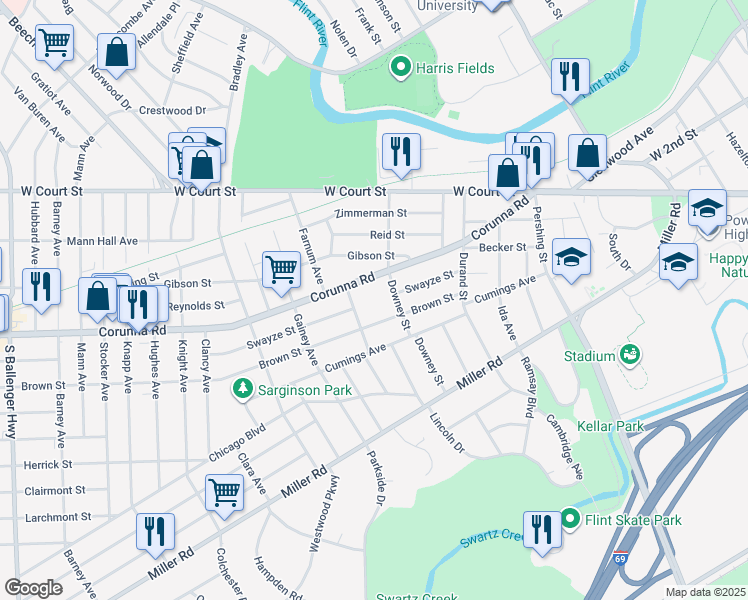 map of restaurants, bars, coffee shops, grocery stores, and more near 2421 Corunna Road in Flint
