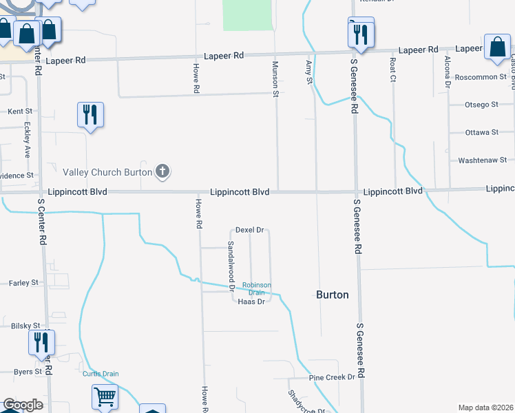 map of restaurants, bars, coffee shops, grocery stores, and more near 4376 Lippincott Boulevard in Burton