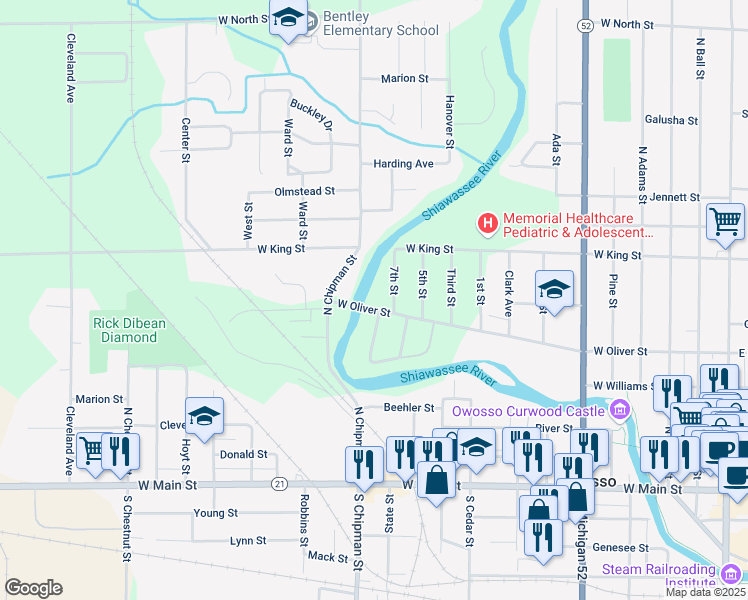 map of restaurants, bars, coffee shops, grocery stores, and more near 1210 West Oliver Street in Owosso