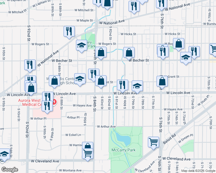 map of restaurants, bars, coffee shops, grocery stores, and more near 2219 South 82nd Street in West Allis