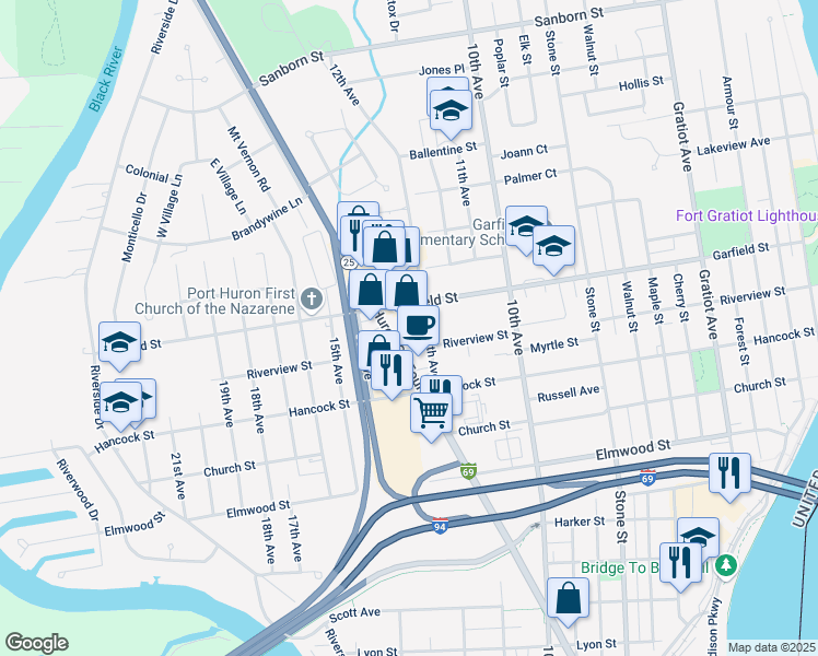 map of restaurants, bars, coffee shops, grocery stores, and more near 2700 Pine Grove Avenue in Port Huron