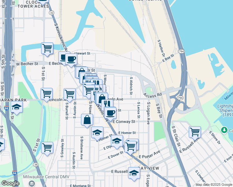 map of restaurants, bars, coffee shops, grocery stores, and more near 2250 South Winchester Street in Milwaukee