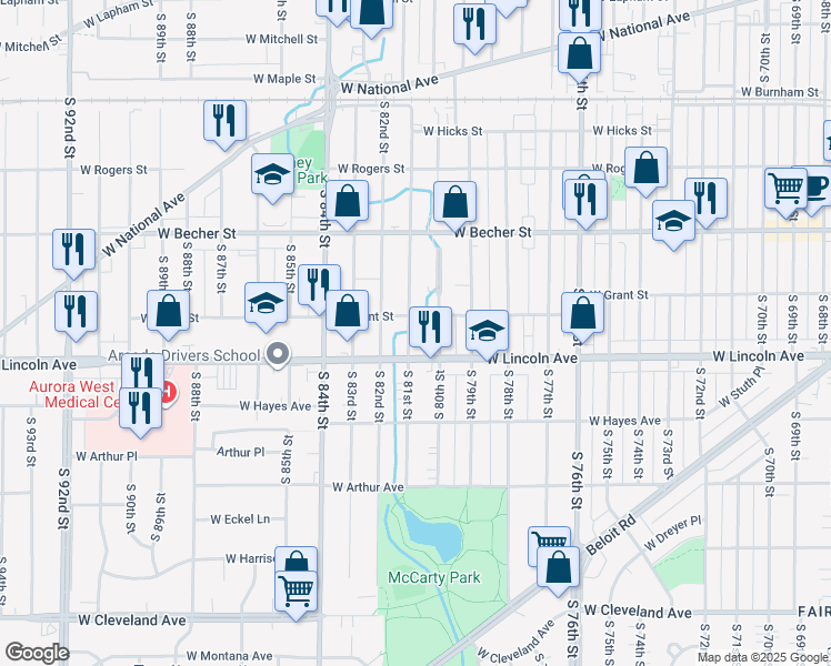 map of restaurants, bars, coffee shops, grocery stores, and more near 2222 South 81st Street in West Allis