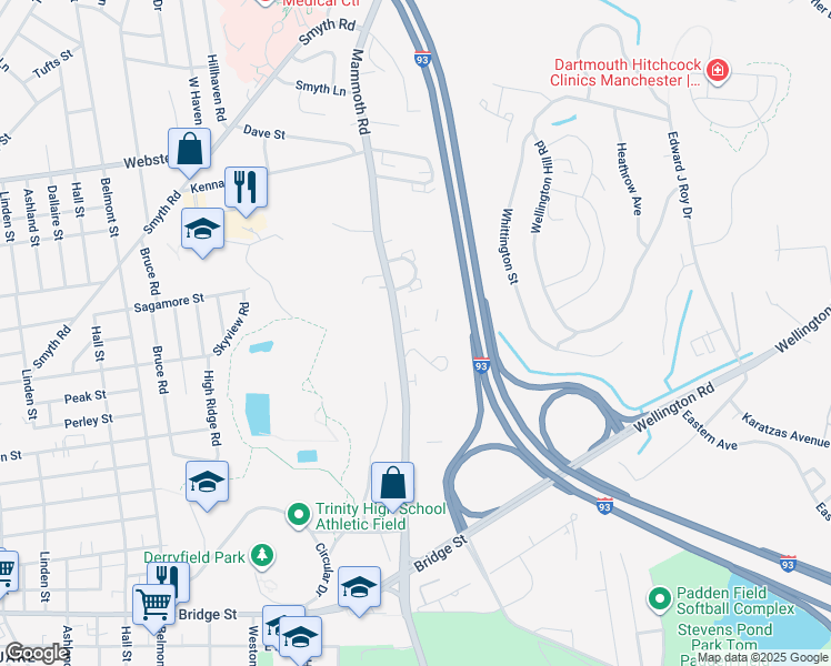 map of restaurants, bars, coffee shops, grocery stores, and more near 891 Mammoth Road in Manchester