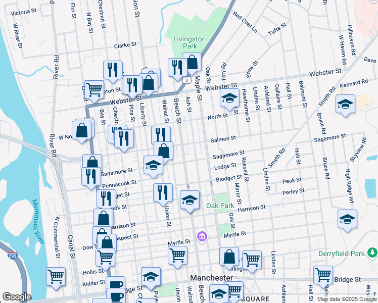 map of restaurants, bars, coffee shops, grocery stores, and more near 812 New Hampshire 28 in Manchester