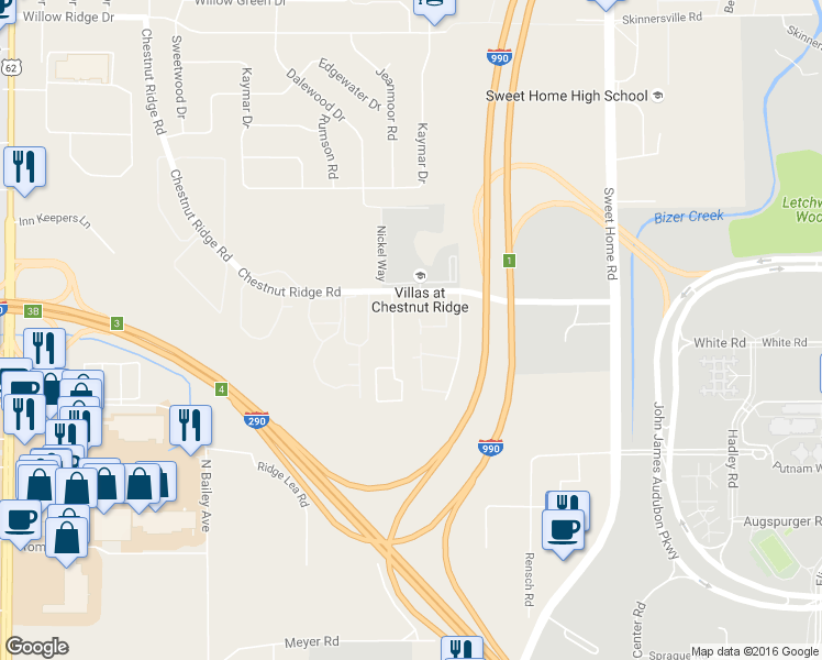 map of restaurants, bars, coffee shops, grocery stores, and more near 4621 Chestnut Ridge Road in Buffalo