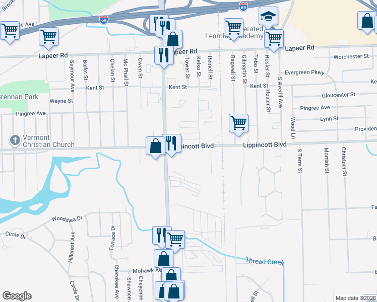 map of restaurants, bars, coffee shops, grocery stores, and more near 2432 Lippincott Boulevard in Flint