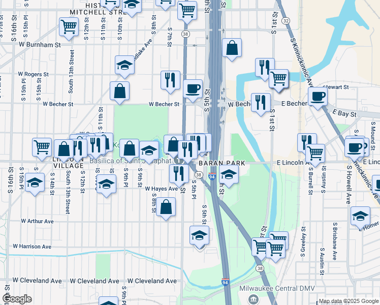 map of restaurants, bars, coffee shops, grocery stores, and more near 2249 South 5th Place in Milwaukee
