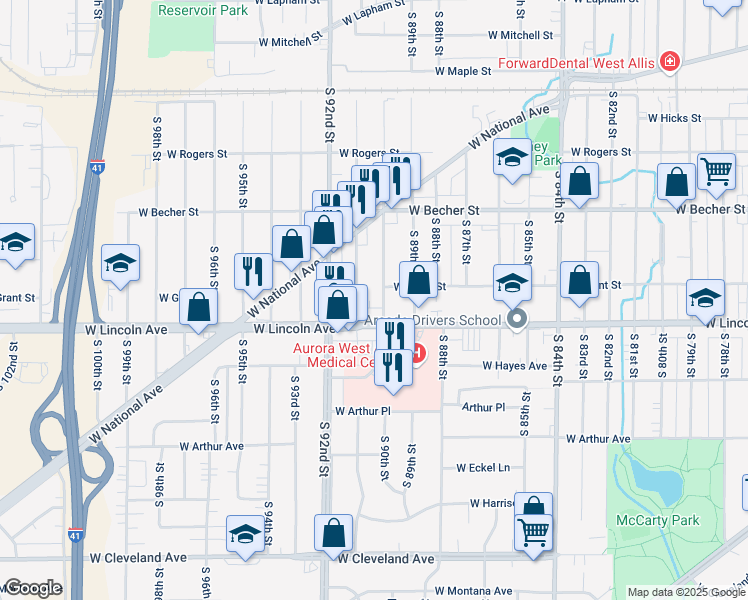 map of restaurants, bars, coffee shops, grocery stores, and more near 2212 South 90th Street in West Allis