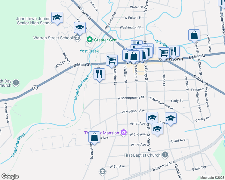 map of restaurants, bars, coffee shops, grocery stores, and more near 111 South Melcher Street in Johnstown