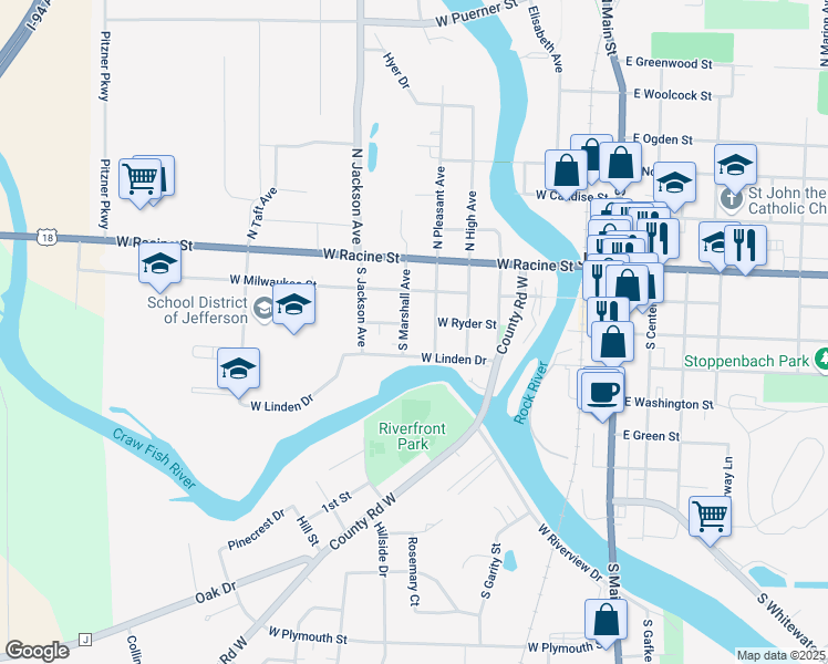 map of restaurants, bars, coffee shops, grocery stores, and more near 312 South Marshall Avenue in Jefferson