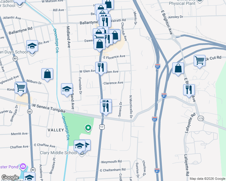 map of restaurants, bars, coffee shops, grocery stores, and more near 335 Randolph St in Syracuse