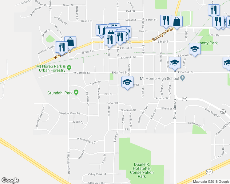map of restaurants, bars, coffee shops, grocery stores, and more near 102 Elm Street in Mount Horeb