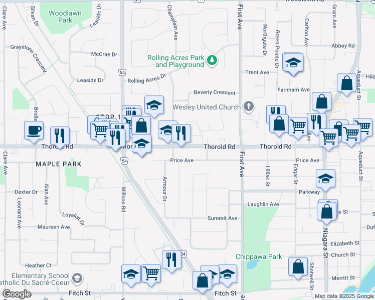 map of restaurants, bars, coffee shops, grocery stores, and more near 207 Thorold Road in Welland