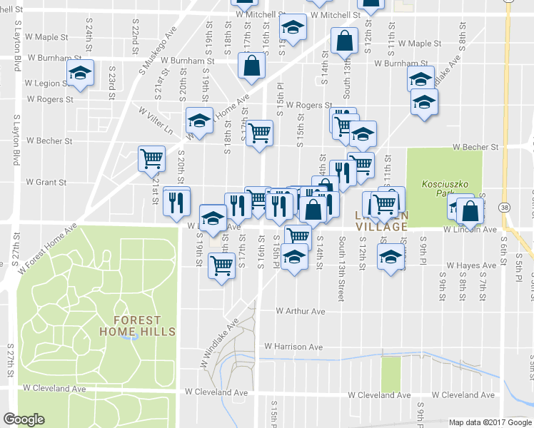 map of restaurants, bars, coffee shops, grocery stores, and more near 2254 South 16th Street in Milwaukee