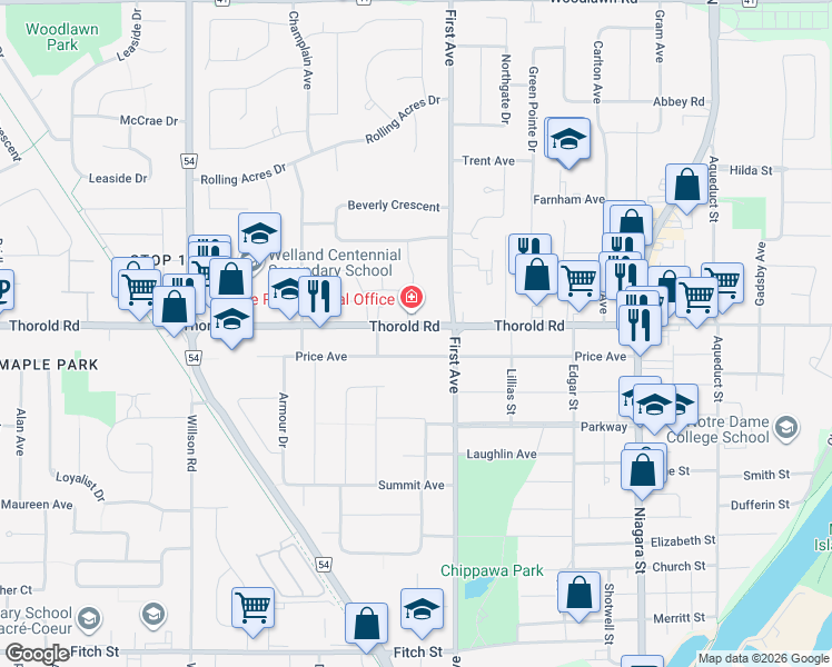 map of restaurants, bars, coffee shops, grocery stores, and more near 181 Thorold Road in Welland