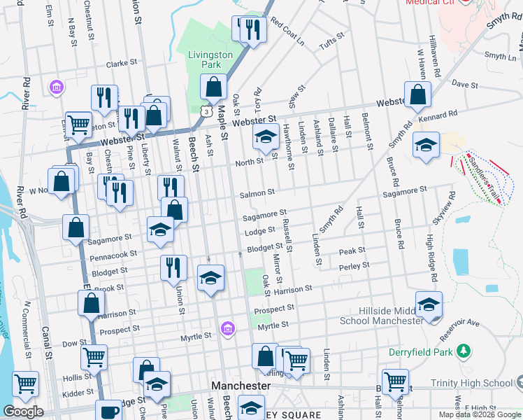 map of restaurants, bars, coffee shops, grocery stores, and more near 200 Sagamore Street in Manchester