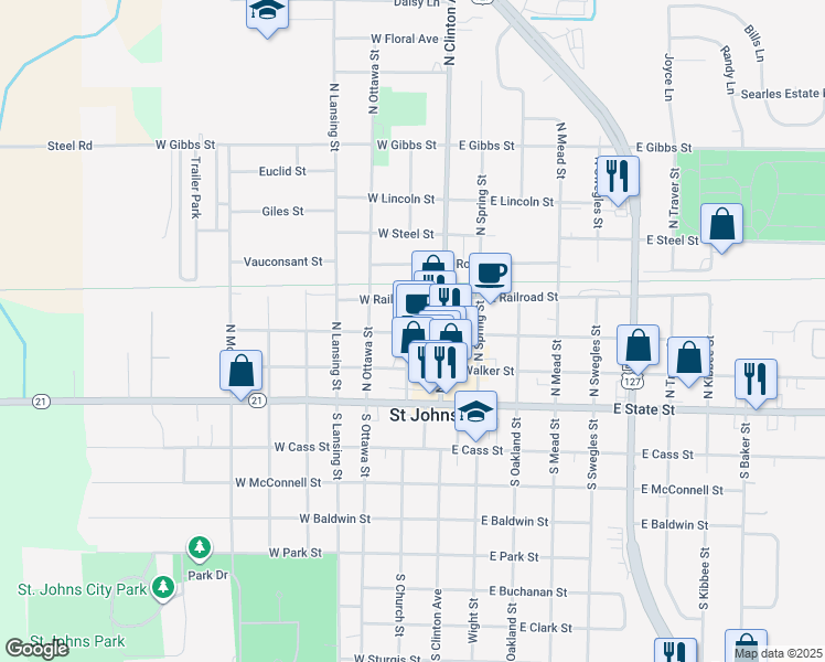 map of restaurants, bars, coffee shops, grocery stores, and more near 306 Brush Street in Saint Johns