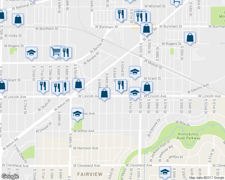 map of restaurants, bars, coffee shops, grocery stores, and more near 2255 South 63rd Street in West Allis