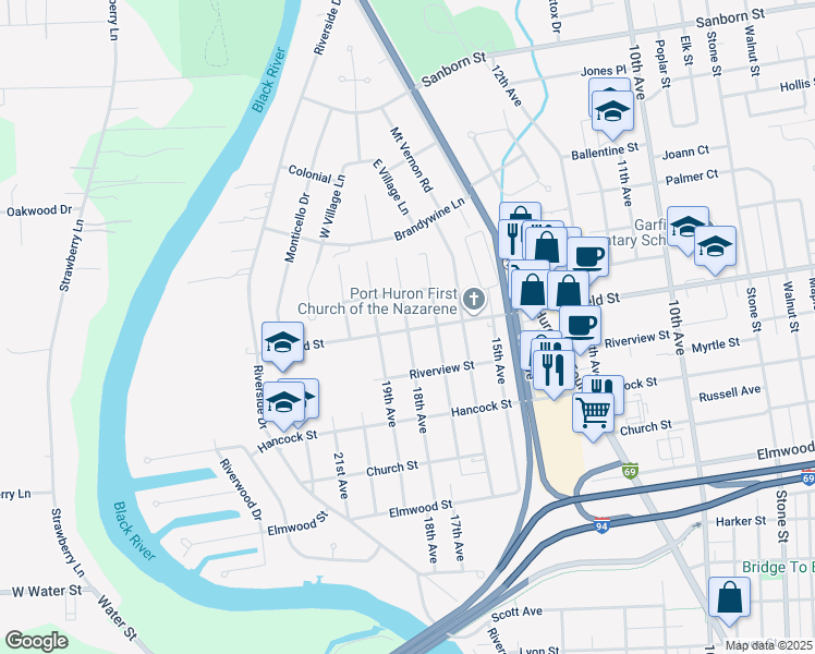 map of restaurants, bars, coffee shops, grocery stores, and more near 2806 18th Avenue in Port Huron