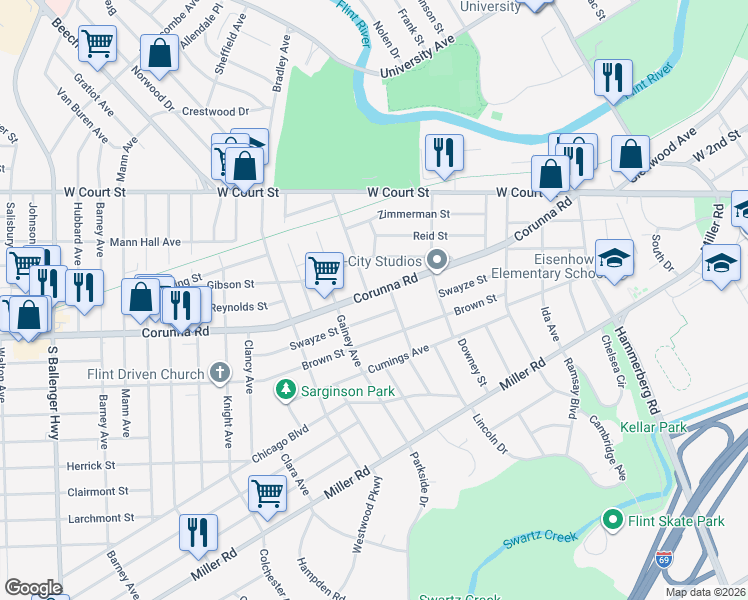map of restaurants, bars, coffee shops, grocery stores, and more near 2517 Corunna Road in Flint