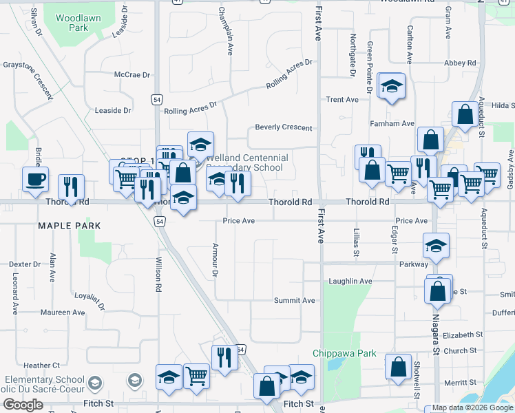 map of restaurants, bars, coffee shops, grocery stores, and more near 207 Thorold Road in Welland