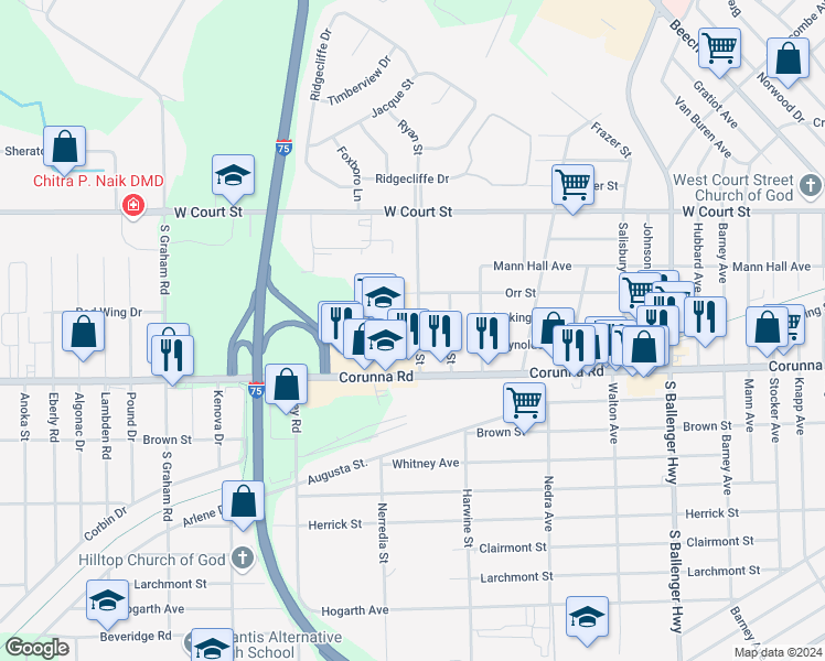 map of restaurants, bars, coffee shops, grocery stores, and more near 1594 Ryan Street in Flint