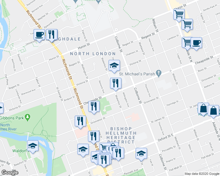 map of restaurants, bars, coffee shops, grocery stores, and more near 923 Waterloo Street in London