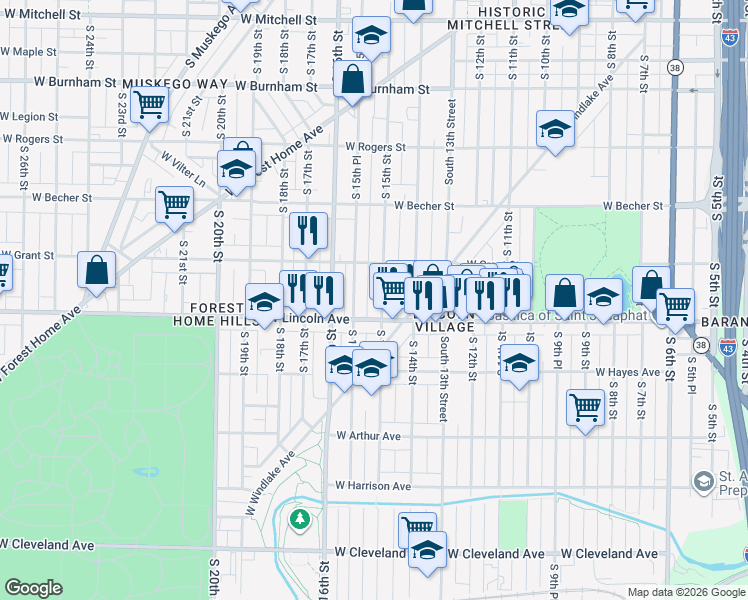 map of restaurants, bars, coffee shops, grocery stores, and more near 2253 South 15th Street in Milwaukee