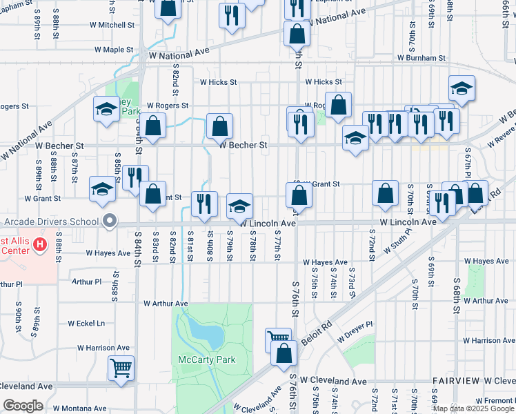 map of restaurants, bars, coffee shops, grocery stores, and more near 2216 South 78th Street in West Allis