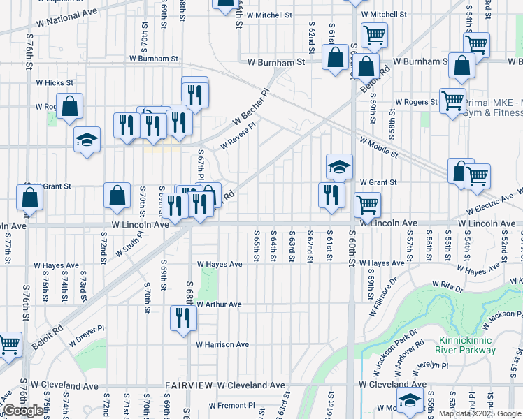 map of restaurants, bars, coffee shops, grocery stores, and more near 2252 South 65th Street in West Allis