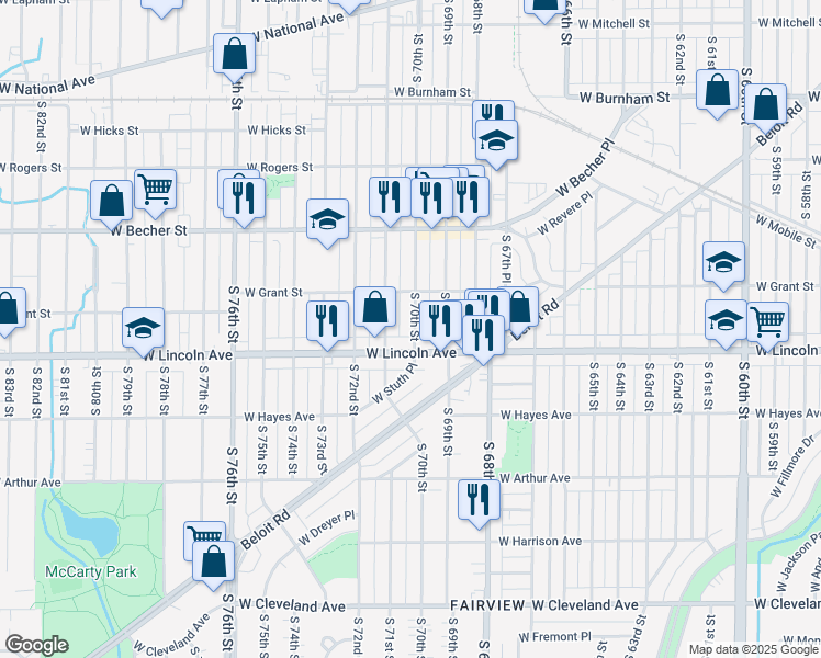 map of restaurants, bars, coffee shops, grocery stores, and more near 2249 South 70th Street in West Allis