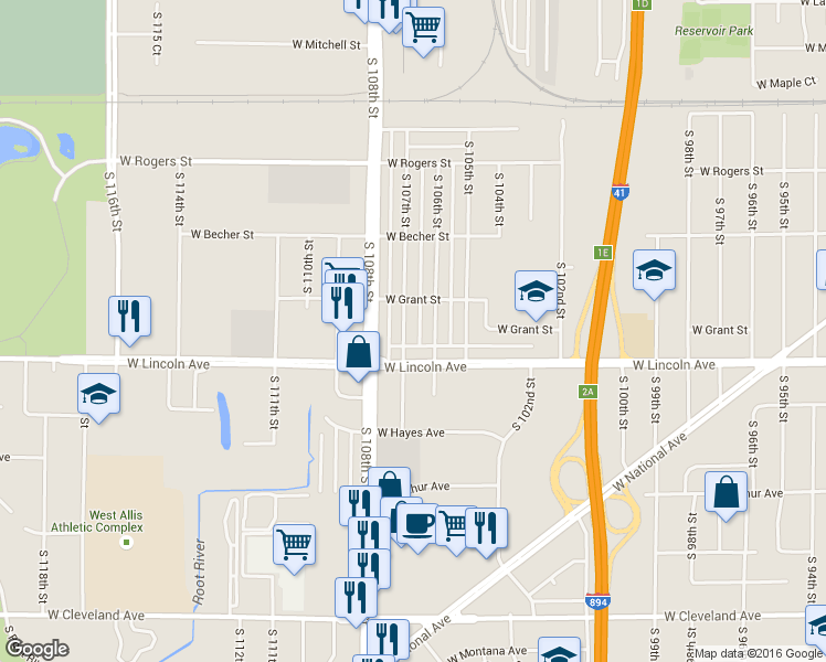 map of restaurants, bars, coffee shops, grocery stores, and more near 2234 South 107th Street in West Allis