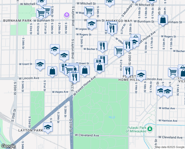 map of restaurants, bars, coffee shops, grocery stores, and more near 2410 West Forest Home Avenue in Milwaukee