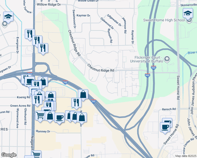 map of restaurants, bars, coffee shops, grocery stores, and more near 4417 Chestnut Ridge Road in Buffalo